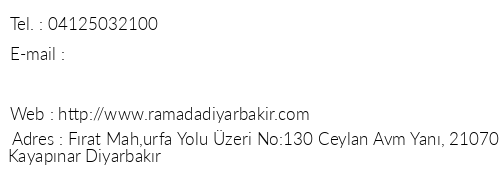 Ramada By Wyndham Diyarbakr telefon numaralar, faks, e-mail, posta adresi ve iletiim bilgileri